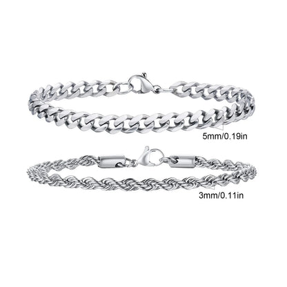 2pcs Men's Chain Bracelets, Stainless Steel Silver Gold Black Color