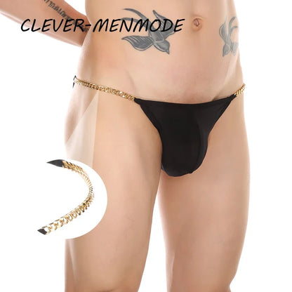 Men's Sexy Ultra Thin Low Rise High Slit Thong Metal Chain Low Rise G String Briefs Exotic Mini Micro Panties 18+ Adult Lingerie