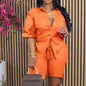 Women Casual Blue Shirt And Shorts Two Piece Sets Summer Button Short Sleeve Loose Shirts Tops Shorts 2pcs Set Outfits Clothes