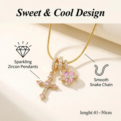 Heart Cross Pendant Necklace for Women Stainless Steel Necklace 14K Gold Plated Snake Chain Necklace with Pink Zircon Heart & Cross Charms, Hypoallergenic Dainty Layering Pendant Necklace Jewelry Gift for Women Girls Valentin