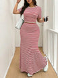 GIBSIE Plus Size Striped O-Neck Short Sleeve Crop Top Women Summer Mermaid Hem Long Skirts Set Female Casual Two Piece Outfit