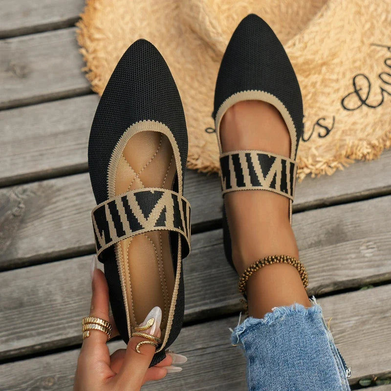 Women Ballet Flats Knitted Casual Shoes Low Heel Elegant Woman Sneakers Pointed Toe Shallow Loafers Vintage Slip on Women Shoes