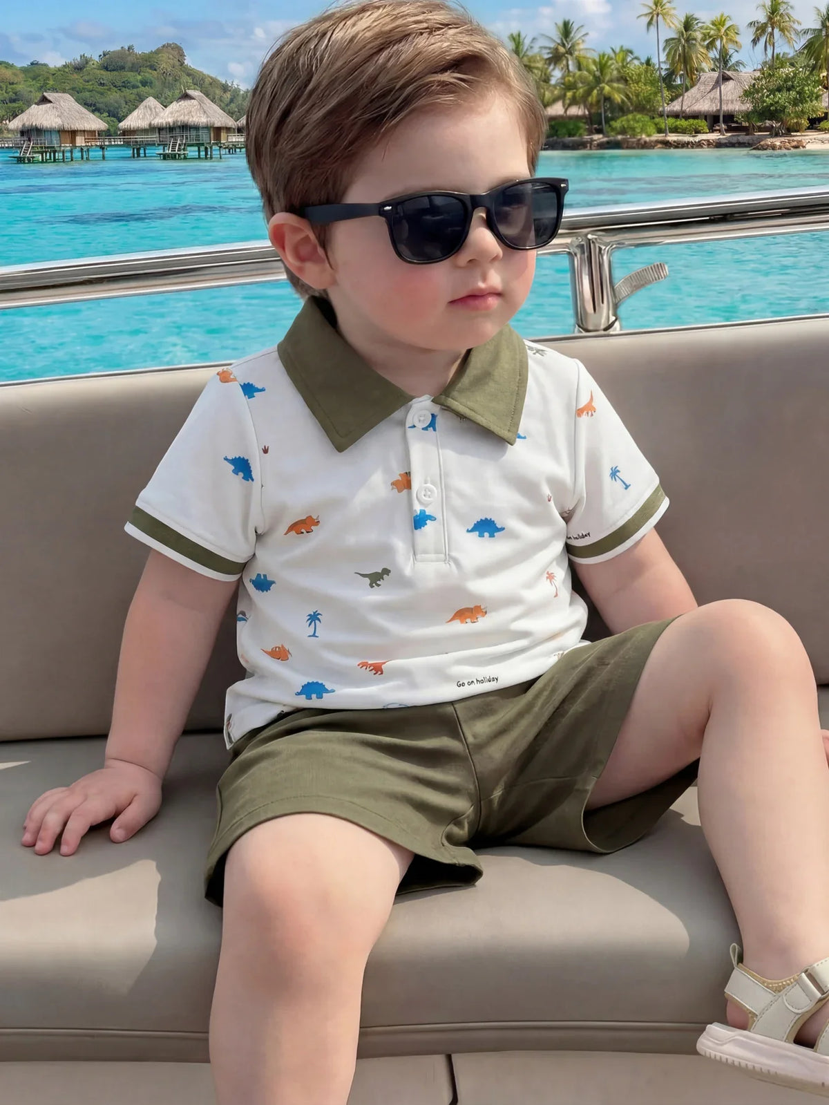 Baby Boy Polo 2‑piece Set, Printed Lapel Short‑sleeve Top with Solid