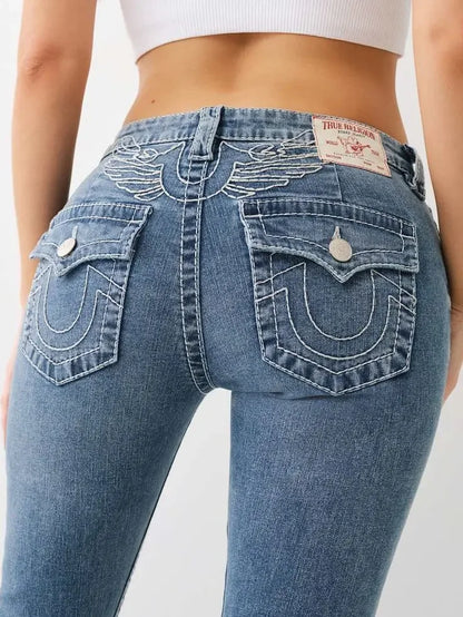 Rock Retro Boot Jeans Blue Leather Inserts Men Women Pocket Embroidery Denim Pants Y2k Gothic Low Waist Wide Leg Straight Jeans