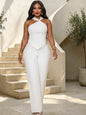 Kricesseen Sexy Solid Two Pieces Pant Set Women Halter Backless Bow Top And Loose Wide Leg Pants Suit Clubwear Outfit