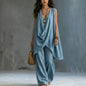 Fashion Summer Sexy Loose Solid color Linen 2 Piece Set Draped Sleeveless Top High Waist Wide Leg Pants Outfit Vacation Women