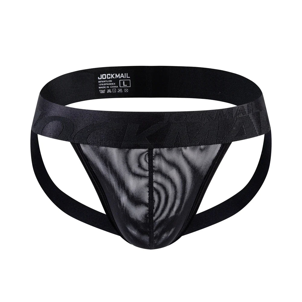 Jockmail Mens Thong Bikini Jockstrap Briefs Mens Panties Sexy Transparent Ice Silk Gay Underwear Sissy Calzoncillos Hombre Slip