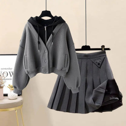 Hooded Zipper Top & Pleated Skirt Set Streetwear