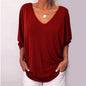 Plus Size Loose Women's Shirt V-Neck Overhead Three-Quarter Sleeve Casual Female Top Button Decoration Padded Shoulder