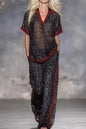 Women Leopard Print Two Piece Set Summer Casual Stripe V-Neck Short-sleeved Top & Wide Leg Pants Red Trim Casual Vacation Outfit