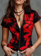 Women's Fashion Sexy Imitation Denim Print Short Sleeve Shirt with Real Pockets, Print Design, No Texture