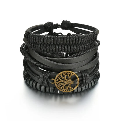 New Trendy Retro 4pcs/Set Bracelets & Bangles Men's Multilayer Black Leather Jewelry Charm Pulseiras Boyfriend Wristband