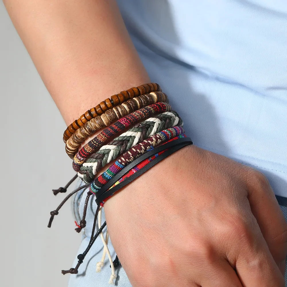 Bohemian Leather Bracelet Men Hand-woven Bracelet Men's Wooden Bead Bracelet Bracelet for Men Charm Bracelet Mens Jewellery