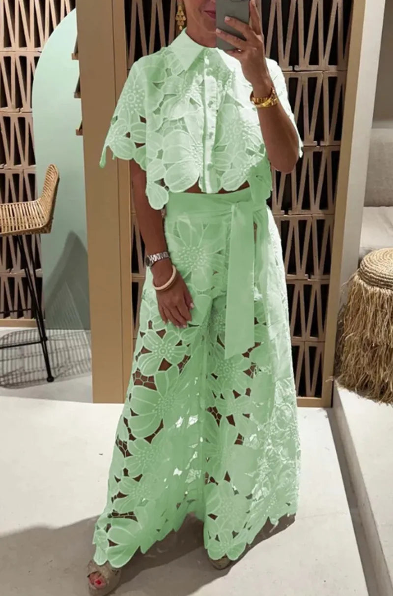 Women 2Pcs Lace Outfit Embroidery Retro Hollow Temperament Suit 2025 Elegant Button Short Sleeved Blouse Tops&Tie-up Pants Set