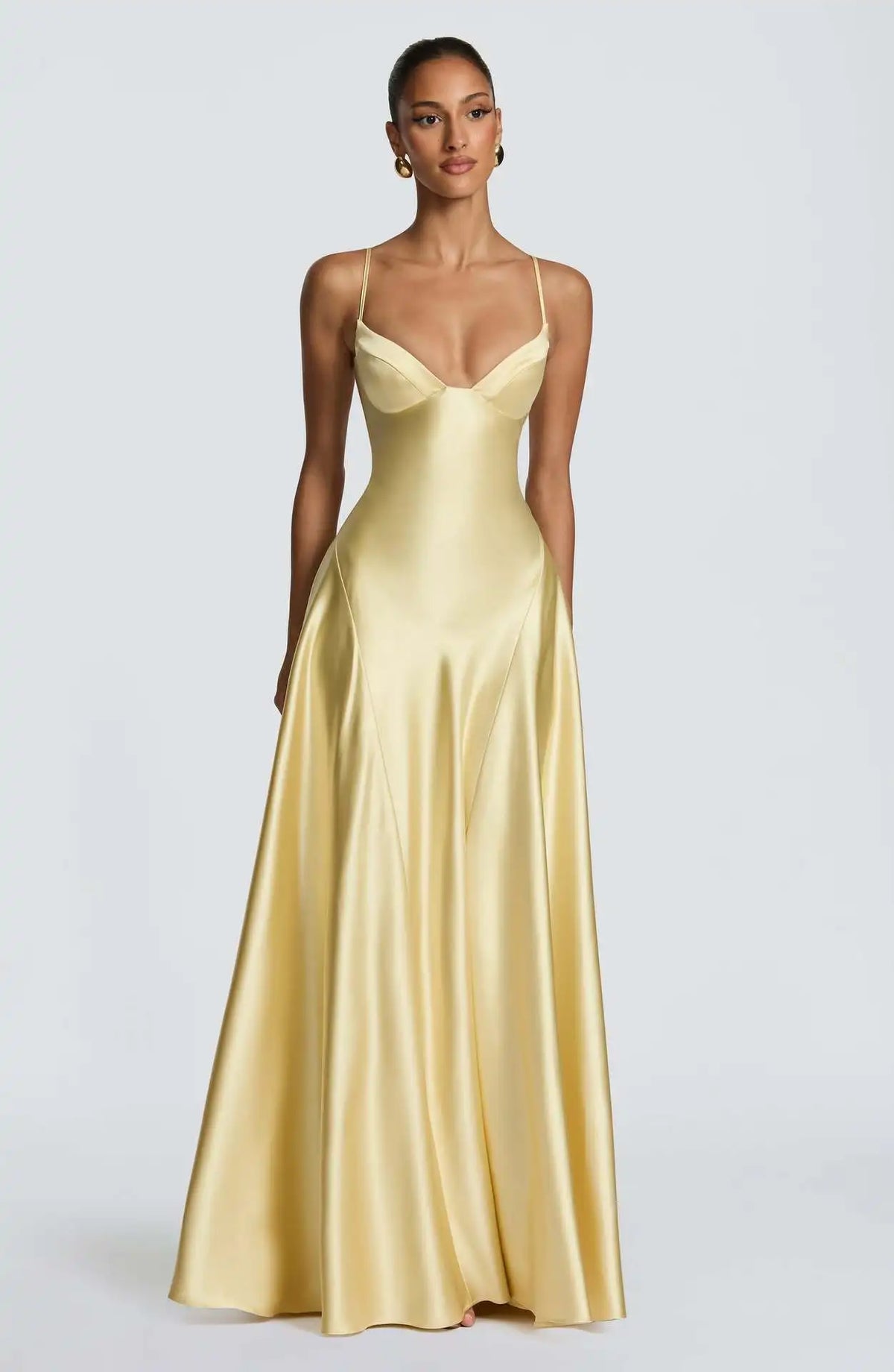 Solid Color Satin Bustier Women Maxi Dress Fashion Yellow Spaghetti Strap V Neck Waist-cinching Dresses 2026 New Party Vestidos