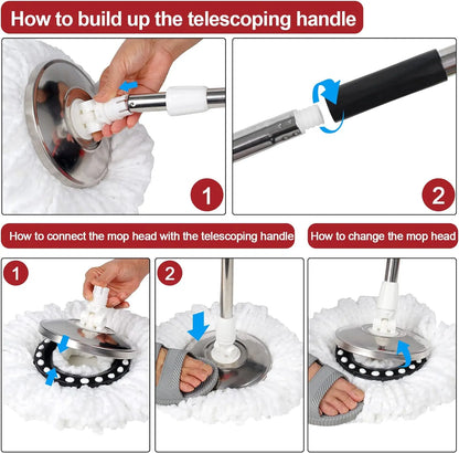 360° Spin Mop Bucket Sets with Wring System in 3 Microfiber Heads