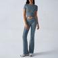 Women Casual Bodycon Two Pieces Set Short Sleeve Crop Top Slim High Waist Running Tracksuit Suit Summer Pants Outfit 2PCS