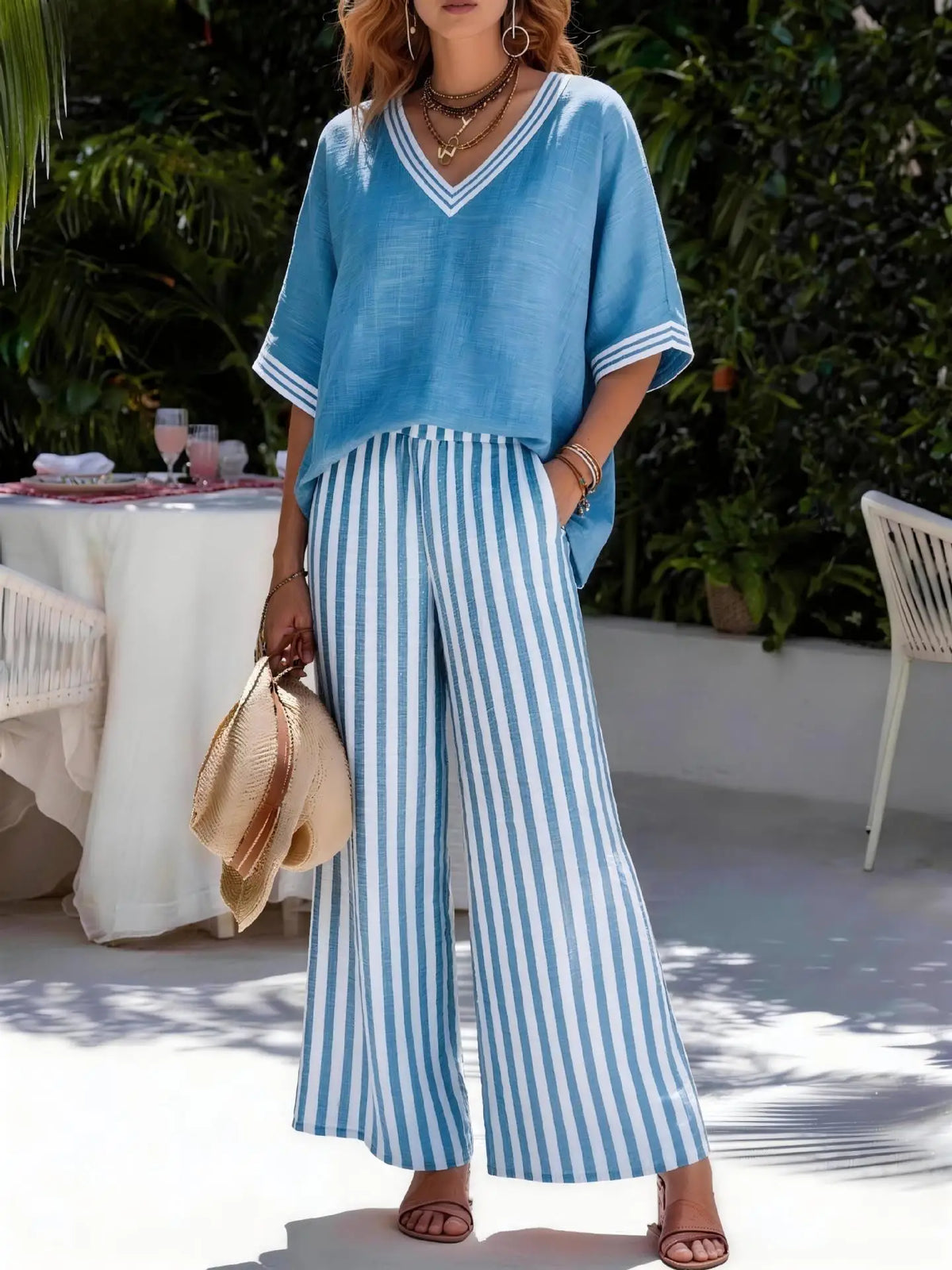 Fashion Women's Casual Striped Comfortable Loose V-Neck Cotton Hemp