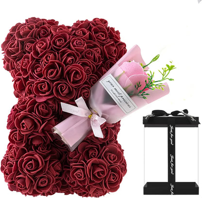 1pc 25cm Rose Bear with Flower Bouquet Artificial Foam Flowers Bear Romantic Creative Gifts for Valentines Day Anniversary Gift