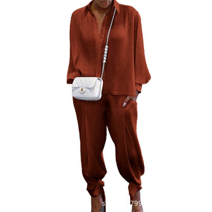 Classic Solid Shirt Pants Set Women Casual Loose Long Sleeved Lapel Elastic Waist Two Piece Suit 2025 New Summer Street Outfit