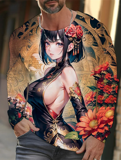2024 new men's long-sleeved T-shirt 3D printing HD anime tattoo beauty printing men's autumn tops casual round neck home clothes