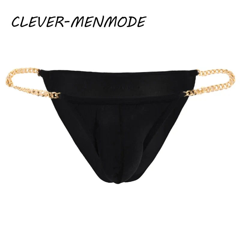 Men's Sexy Ultra Thin Low Rise High Slit Thong Metal Chain Low Rise G String Briefs Exotic Mini Micro Panties 18+ Adult Lingerie