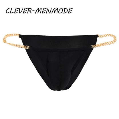 Men's Sexy Ultra Thin Low Rise High Slit Thong Metal Chain Low Rise G String Briefs Exotic Mini Micro Panties 18+ Adult Lingerie