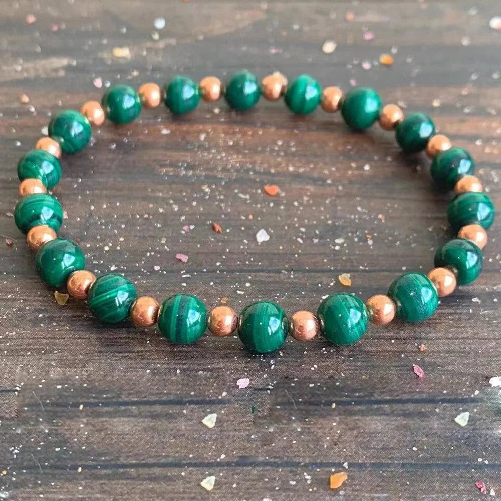 Ruberthen Womens 6 MM AAA Grade Malachite With Copper Beads Bracelet Handmade Yoga Mala Bracelet Stimulates Energy Jewelry