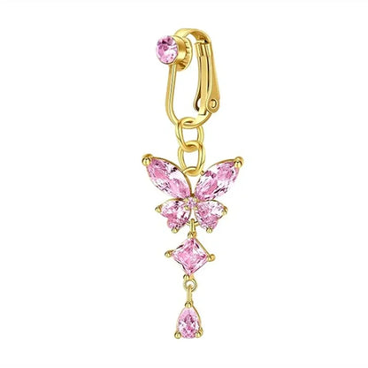 Clip On Belly Button Ring Butterfly Copper Zircon Pink Fake Belly Piercing Umbilical Navel Body Jewelry Trendy Fashion Style