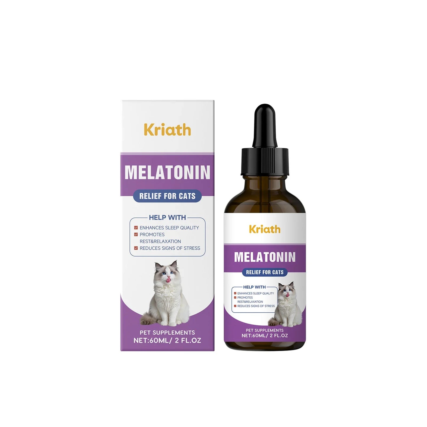 Kriath Cat Melatonin Drops 60ml Pet Calming Supplement Liquid Improve Sleep Quality Reduce Stress Anxiety Relief for Cats