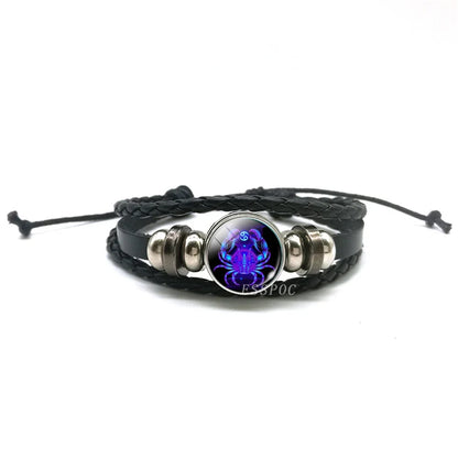 New Men 12 Constellation Black Braided Leather Bracelet Punk Style Zodiac Sign Multilayer Weave Wrap Bracelet For Birthday Gifts