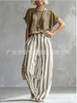Fashion Linen Printed Striped Trousers Short-sleeved Women 2piece Set Summer New Retro Loose Wide-leg Trousers Female Casual Set
