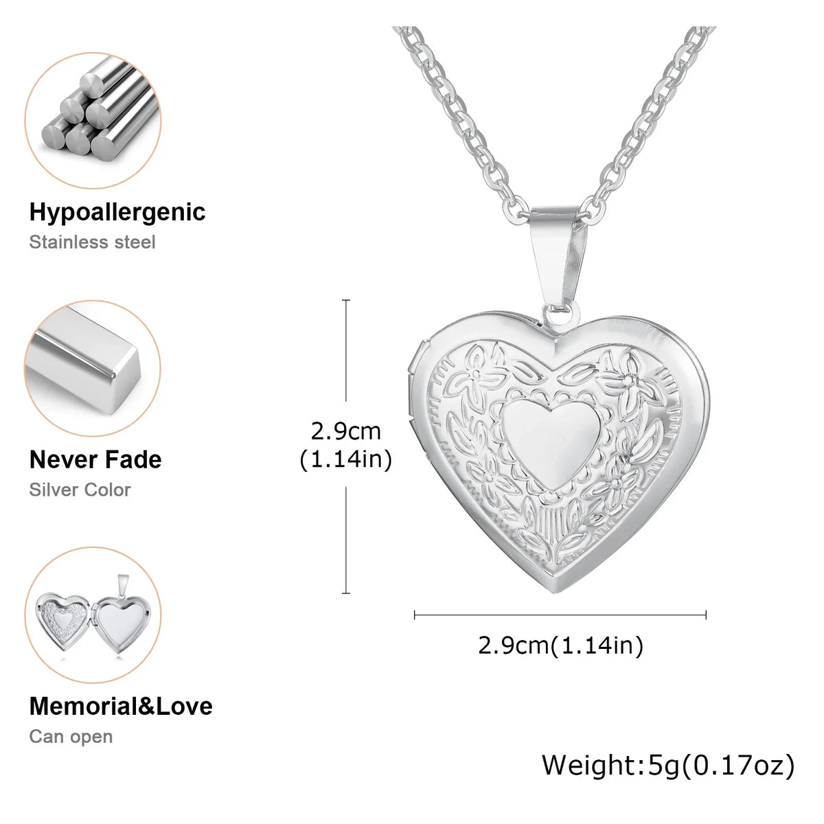 Vnox Never Fade Silver Color Stainless Steel Women Locket Pendant, Openable Heart Pendant Necklaces, Life Tree Floral Collar