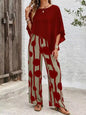 Summer Two Piece Set Printing Loose Casual Wide Leg Pants Loose Bat Short Sleeve Top Women Elastic High Waist Fashion Pants Set