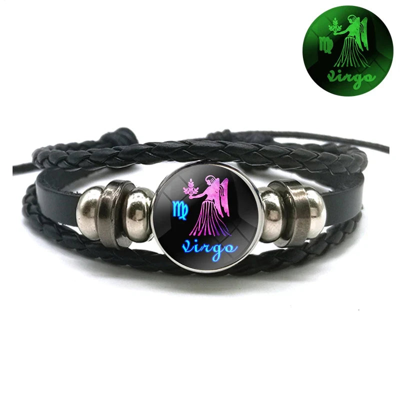 Birthday Present 12 Constellation Luminous Bracelet Leather Bracelet Zodiac Charm Bracelet for Men Women