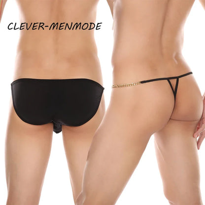 Men's Sexy Ultra Thin Low Rise High Slit Thong Metal Chain Low Rise G String Briefs Exotic Mini Micro Panties 18+ Adult Lingerie