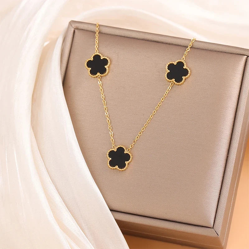 14K Gold Plated Stainless Steel Necklace Woman Five Leaf Petals Double Sided Necklaces for Women Pendant Flower Clover Jewelry