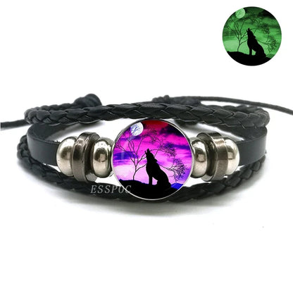 Glow In The Dark Wolf Head Bracelet Multilayer Leather Bracelet Charm Women Men Fashion Luminous Bracelets Wolf Jewelry