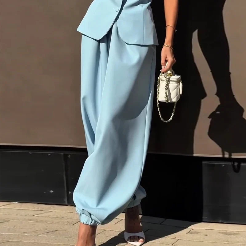 Casual Women's Waist Cinched Blazer Pants Set O-Neck Puff Sleeve