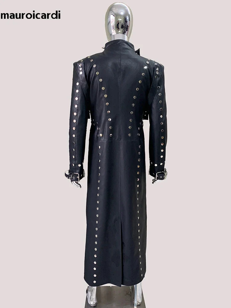 Men’s Luxury Black PU Leather Trench Coat – Rivet Punk Designer Jacket | Longline Streetwear Overcoat (Spring/Fall)