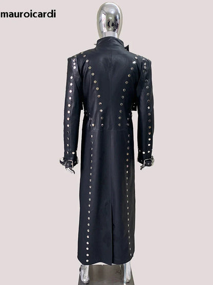 Men’s Luxury Black PU Leather Trench Coat – Rivet Punk Designer Jacket | Longline Streetwear Overcoat (Spring/Fall)