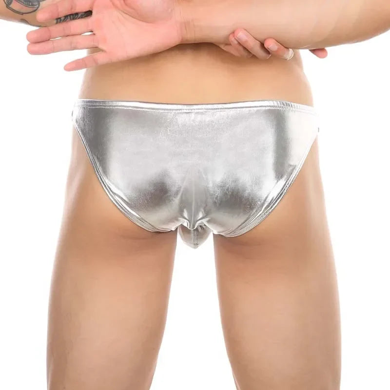 Men's Sexy PU Glossy Finish Briefs Ultra Low Faux Leather Underwear Bulge Penis Pouch Underpants U Convex Bikini Exotic Costume