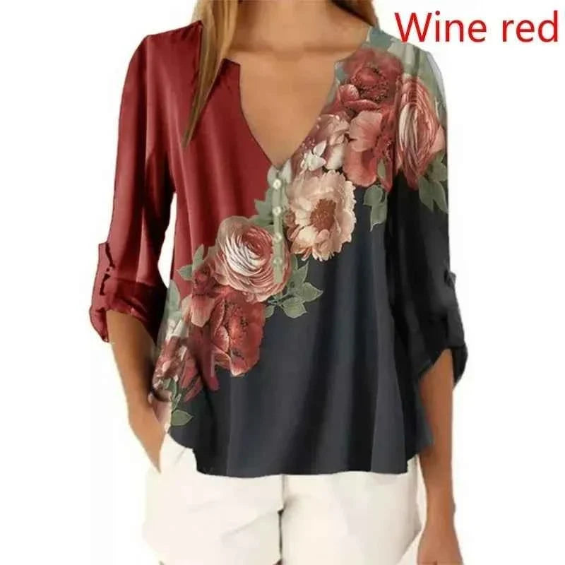 Summer Floral V-Neck 3/4 Sleeve Loose T-Shirt