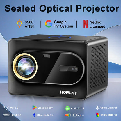 HORLAT Sealed Optical Google TV Projector 3500ANSI Bluetooth Voice Control Auto Focus WiFi 6 4K UHD Home Theater Movie Projector