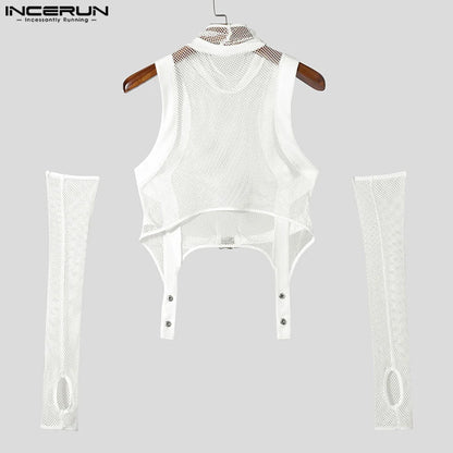 Fashion Casual Style Tops INCERUN Men Deconstruction Sleevelet Vests Sexy Buckle Mesh Splicing Half High Neck Cropped Tank Tops