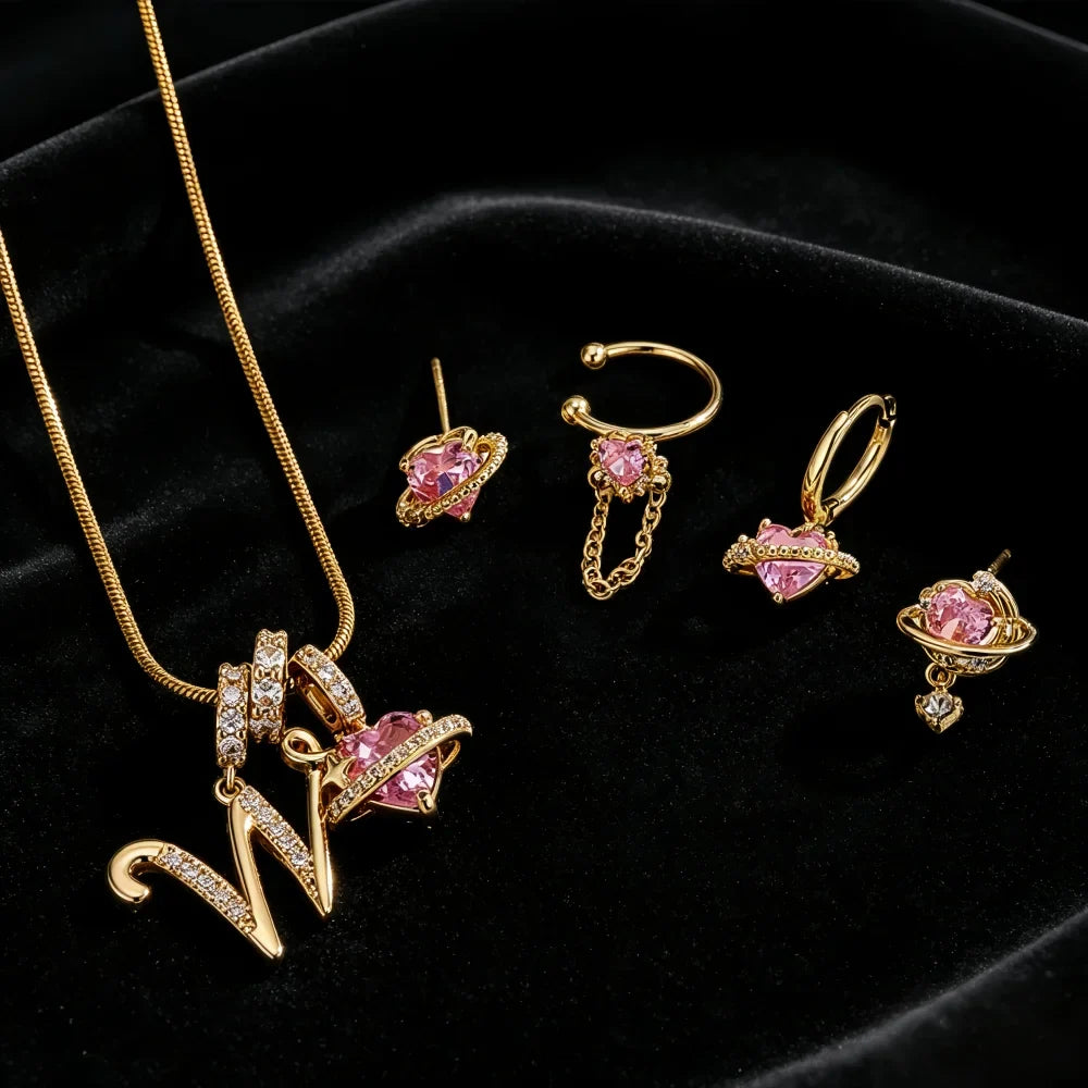 Gold Color Zircon Flower Pendant Necklace Female A-Z 26 Letter Alphabet Wedding Jewelry Gift for Women