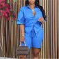 Women Casual Blue Shirt And Shorts Two Piece Sets Summer Button Short Sleeve Loose Shirts Tops Shorts 2pcs Set Outfits Clothes