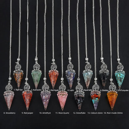 20x52mm Natural Stone Pendulum Tree of Life Hexagonal Cone Crushed Stone Aquamarine