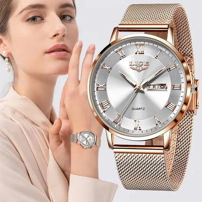 Women's Rose Gold-Tone Mesh Day-Date Watch