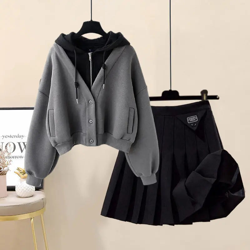 Hooded Zipper Top & Pleated Skirt Set Streetwear